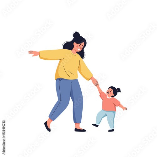 Mother Holding Hand of Little Daughter.