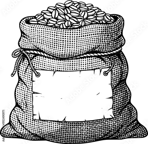 Bag of coffee beans with blank label burlap sack
