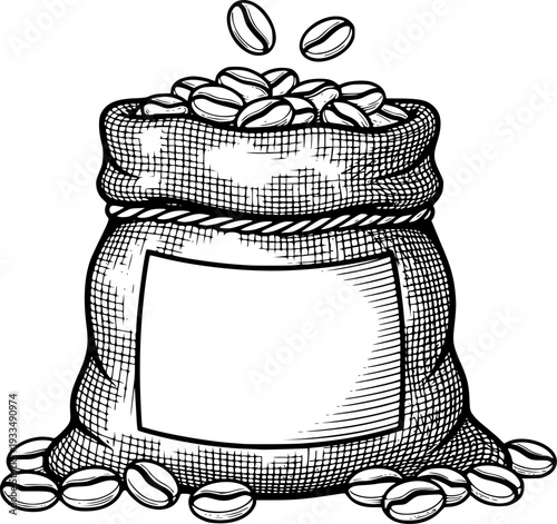 Bag of coffee beans with blank label burlap sack
