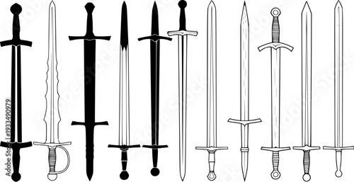 Medieval swords outlined and solid black a white background steel blade

