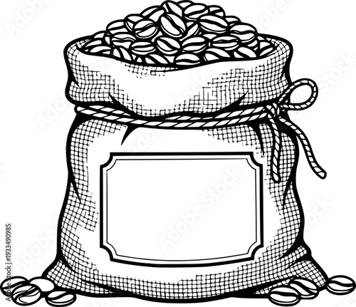 Bag of coffee beans with blank label burlap sack
