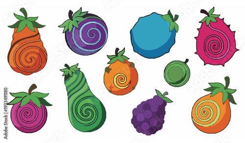 Fantasy enchanted power fruits anime style vector collection magical comic design