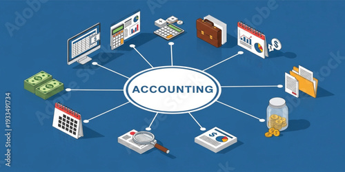 Accounting and Financial Management Concept with Business Finance Icons Including Calculator Reports Money Calendar Audit and Bookkeeping for Corporate Analysis and Planning Design