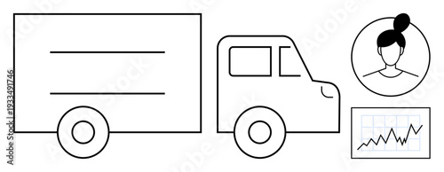 Logistics, delivery, supply chain, business growth, customer analytics, transportation planning. A truck, user profile icon and analytics graph. Logistics and delivery concept