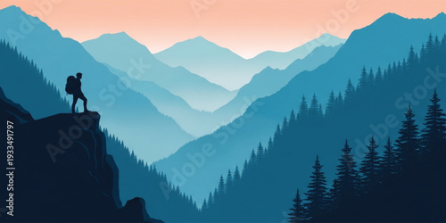Adventurous Hiker Silhouette Standing on Mountain Cliff Overlooking a Vast Pine Forest Valley and Misty Blue Peaks at Sunrise for Travel and Outdoor Exploration Designs