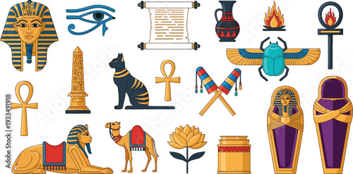 Ancient Egypt Icon Collection Featuring King Tutankhamun Mask, Sphinx, Camel, Sarcophagus, Papyrus Scroll, Obelisk, and Sacred Symbols for History Education, Travel, and Archaeology Graphics