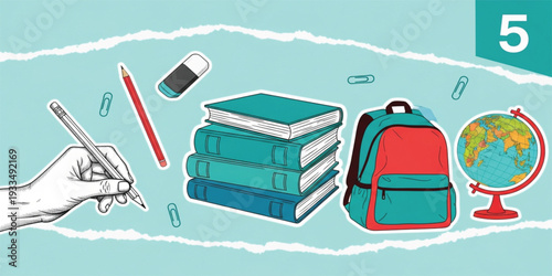 Back to School Education Vector Illustration Set with Backpack, Books, Globe, and Writing Hand for Student Supplies, Learning Posters, and Academic Promotional Designs