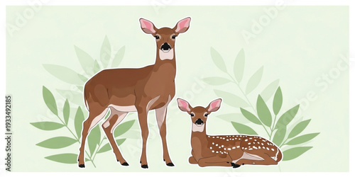 Beautiful Vector Illustration of a Mother Deer and Cute Spotted Fawn Standing and Resting in a Minimalist Forest Background for Wildlife and Nature Designs