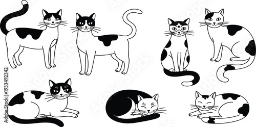 Black and White Hand Drawn Cat Vector Illustration Set Featuring Cute Spotted Kittens in Various Poses for Pet Lovers, Stickers, and Minimalist Designs