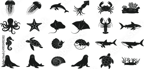 Black Marine Life Silhouette Vector Icon Set Featuring Shark, Octopus, Sea Turtle, Jellyfish, Crab, and Seahorse for Nautical Branding, Ocean Education, and Minimalist Web Design