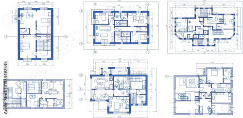 Collection of architectural floor plans and blueprints displayed together, showcasing various room layouts and designs