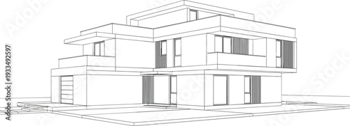 Modern house exterior illustration with clean lines and minimalist design viewed from the front