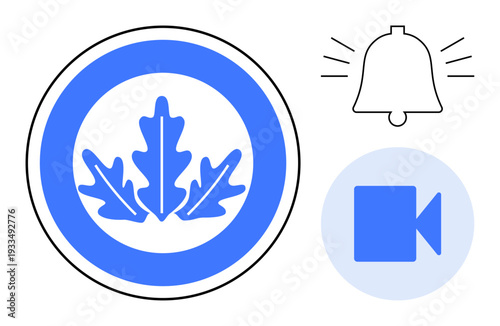 Nature preservation, notifications, video communication, environment, eco brands, digital media. Blue oak leaf emblem, ringing bell icon and video symbol displayed. Nature preservation