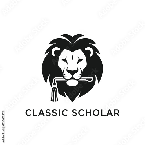 Lion head silhouette biting a graduation tassel cord for elite academic school logo Classic Scholar