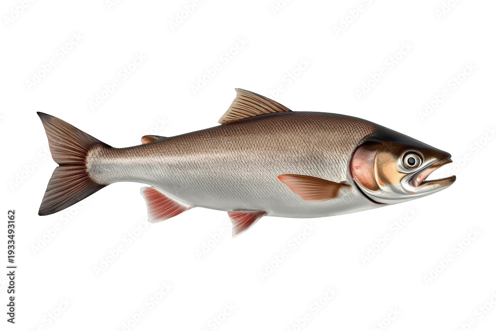 Obraz premium Salmon fish illustration showing silver body and red fins, creating a concept of fresh seafood, fishing, and healthy eating