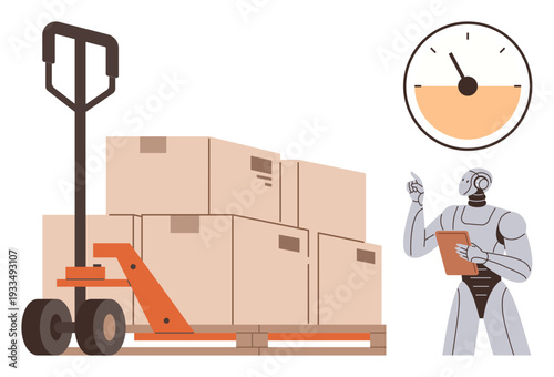 Automation, logistics, inventory management, robotics, supply chain, artificial intelligence. Robot monitoring boxes on a pallet with a clipboard and clock. Automation and logistics concept