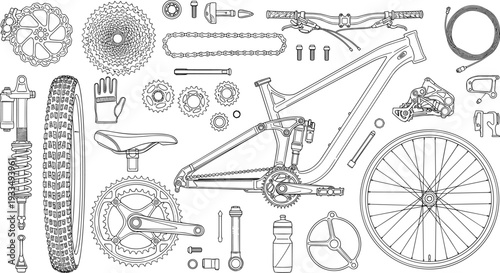 Detailed line illustrations of mountain bike components including frame suspension drive train gears tires and professional cycling hardware