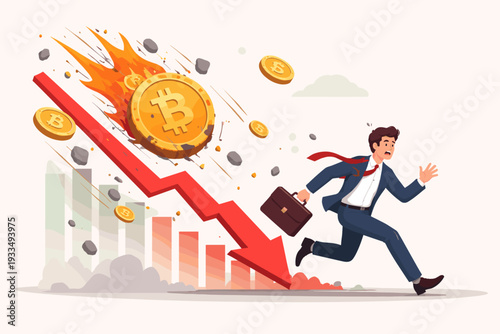 Bitcoin market crash and cryptocurrency price drop concept with businessman running away from falling red arrow and burning bitcoin coins, financial crisis and investment loss vector illustration.