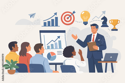 Professional business coach or mentor giving a presentation to diverse employees for skill development, career growth, strategy planning, and corporate success in a modern office setting.