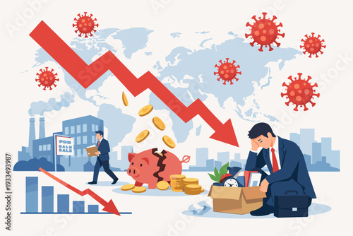 Global economic crisis vector concept with sad businessman being fired due to pandemic downturn, market crash, broken piggy bank, financial recession, and falling stock market arrow chart.