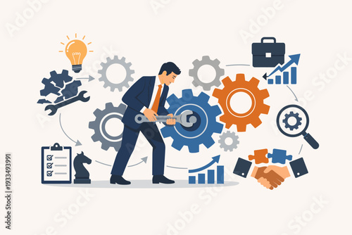 Businessman Fixing Gear Mechanism for Business Solution and Problem Solving. Concept of Leadership, Strategic Management, Growth, Partnership, and Professional Expertise for Corporate Success.