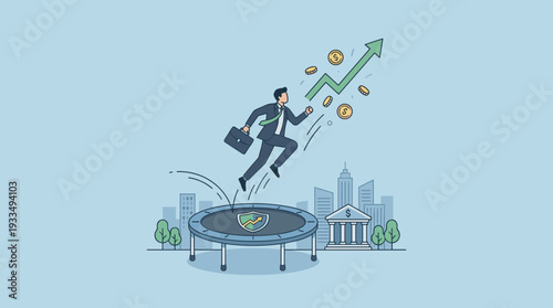 Dynamic businessman bouncing on a trampoline towards a soaring profit arrow and gold coins, illustrating financial growth, market resilience, investment success, and economic recovery in the city.