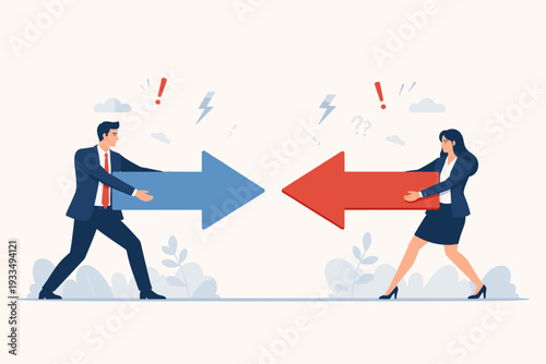 Business Conflict and Disagreement Concept with Man and Woman Pushing Large Arrows in Opposite Directions, Representing Strategic Friction, Competition, Confrontation, and Diverse Opinions.