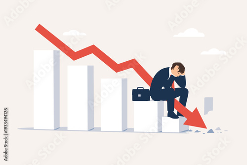 Economic Recession and Financial Crisis Concept with Stressed Businessman Sitting on a Declining Bar Chart with a Red Arrow Crashing Down, Symbolizing Stock Market Failure and Business Loss.