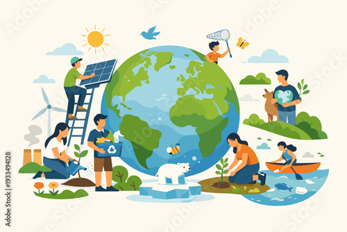 Ecology Concept with People Taking Care of the Planet Earth. Individuals Installing Solar Panels, Recycling, Planting Trees, Protecting Wildlife, and Cleaning Water. Flat Vector Illustration.