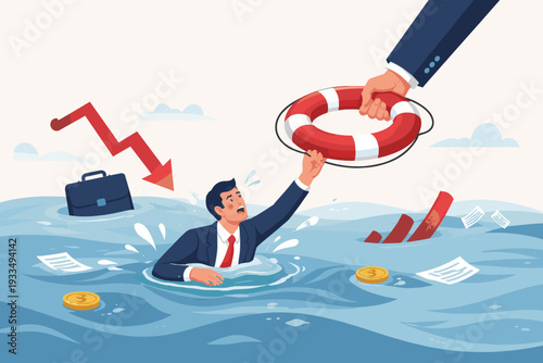 Businessman Drowning in Financial Crisis Reaching for Lifebuoy Help from Above. Concept of Business Support, Economic Recession, Bankruptcy Rescue, and Market Crash Recovery Vector Illustration.