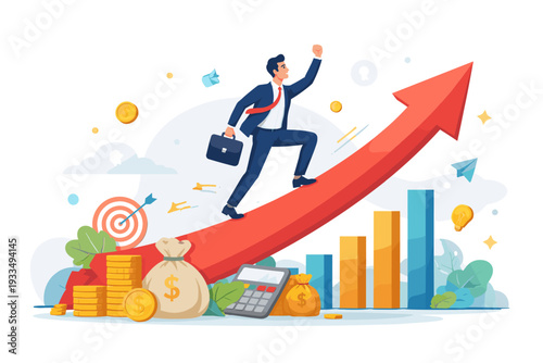 Successful Businessman Running Up a Rising Red Arrow Representing Financial Growth, Income Increase, and Investment Success with Money Bags, Coins, and Bar Charts for Economic Achievement.