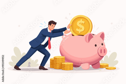 Businessman in a suit putting a large gold dollar coin into a pink piggy bank, representing financial investment, savings, and the struggle of wealth management or retirement planning vector.