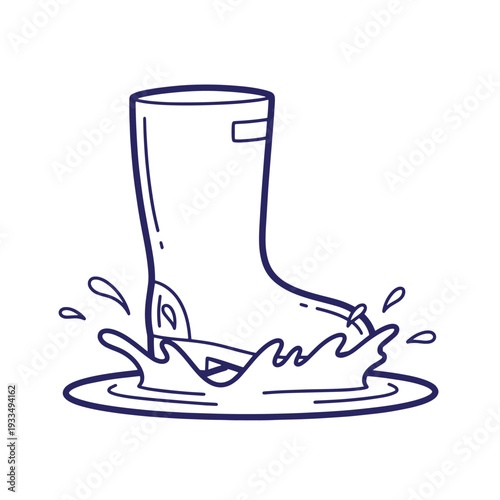A blue line of a rubber boot stepping into a puddle with splashing water line rubber boot