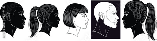 Female profile silhouette collection, diverse women side view portraits with different hairstyles vector illustration set isolated design