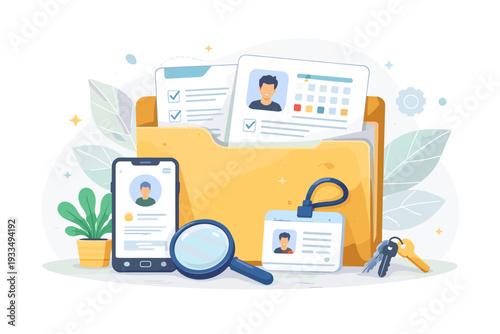 Personal Files Concept Illustration with Folder, ID Badge, Smartphone, and Magnifying Glass. Flat Vector Design for Human Resources, Recruitment, Data Privacy, and Document Management on White.