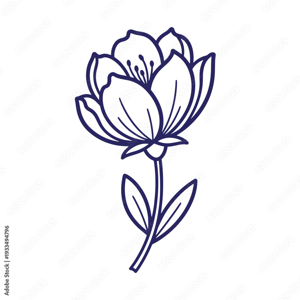 Obraz premium Blue Line of a Flower with Petals and Leaves line flower stem