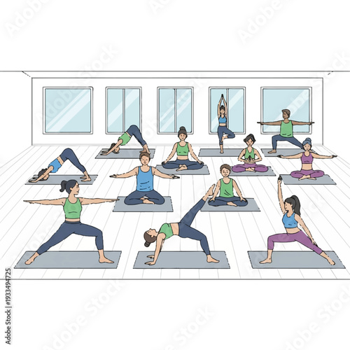 Illustration of a group of people practicing various yoga poses on mats in a bright studio with large windows.