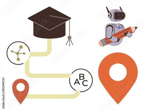 Education, artificial intelligence, technology in learning, academic goals, digital tools, navigation. A robot holding a pencil, a graduation cap and path markers. Education and artificial