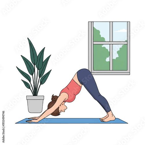 Illustration of a woman practicing downward-facing dog yoga pose on a blue mat beside a potted plant near a window with a view.