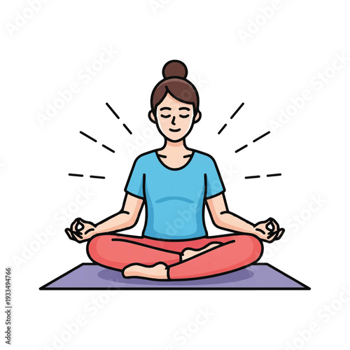 A woman sits cross-legged on a yoga mat in a meditative pose with her eyes closed and hands resting on her knees against a clean white background.