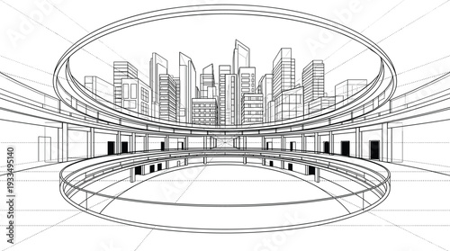 Professional black vector architecture wireframe of futuristic city skyline seen through a modern circular atrium interior