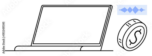 Digital transactions. Laptop, audio wave, and dollar coin convey digital transactions and their integration in technology. Digital transactions boost efficiency and convenience for businesses