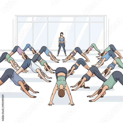 Instructor leads a diverse group of women in a downward-facing dog yoga pose in a modern studio with large windows.