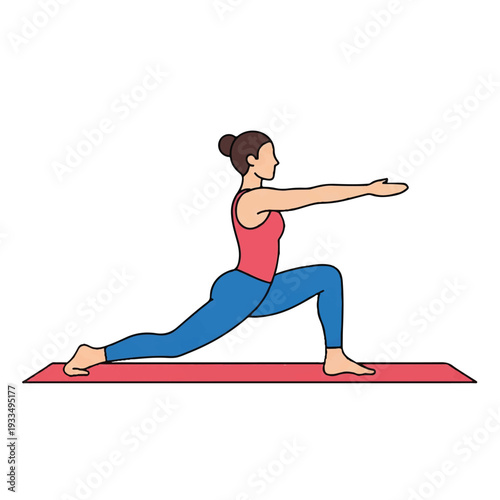 A woman in a pink top and blue leggings practices yoga on a red mat in a lunge position with arms outstretched against a white background.