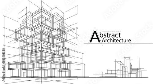 Abstract black and white vector architecture sketch featuring stacked modular building blocks and technical 3D wireframe perspective