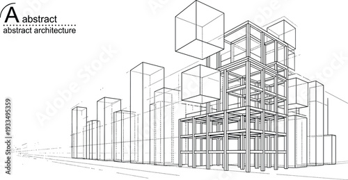 Abstract black and white vector architecture background featuring modular cubic construction frames and geometric 3D building blocks