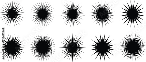 Black Starburst and Sunburst Silhouette Icon Set with Geometric Radial Spiky Shapes for Sale Labels, Promotional Stickers, Explosion Effects, and Graphic Design Projects