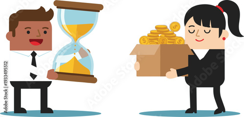Business Professionals Holding Hourglass and Box of Gold Coins Representing Time Management Financial Growth Success Wealth Accumulation and Long Term Investment Strategy
