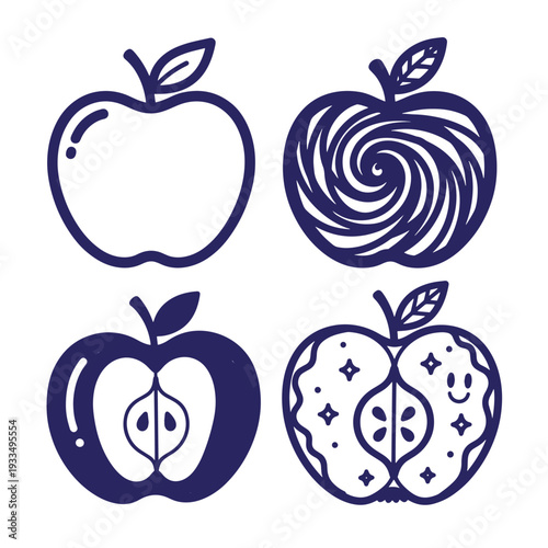 Four stylized blue apple with different patterns and textures fruit