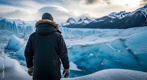 Adventurer Views Vast Glacier and Snow- Capped Mountains landscape